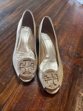 Tory Burch Metallic Gold Open-Toe Logo Flats